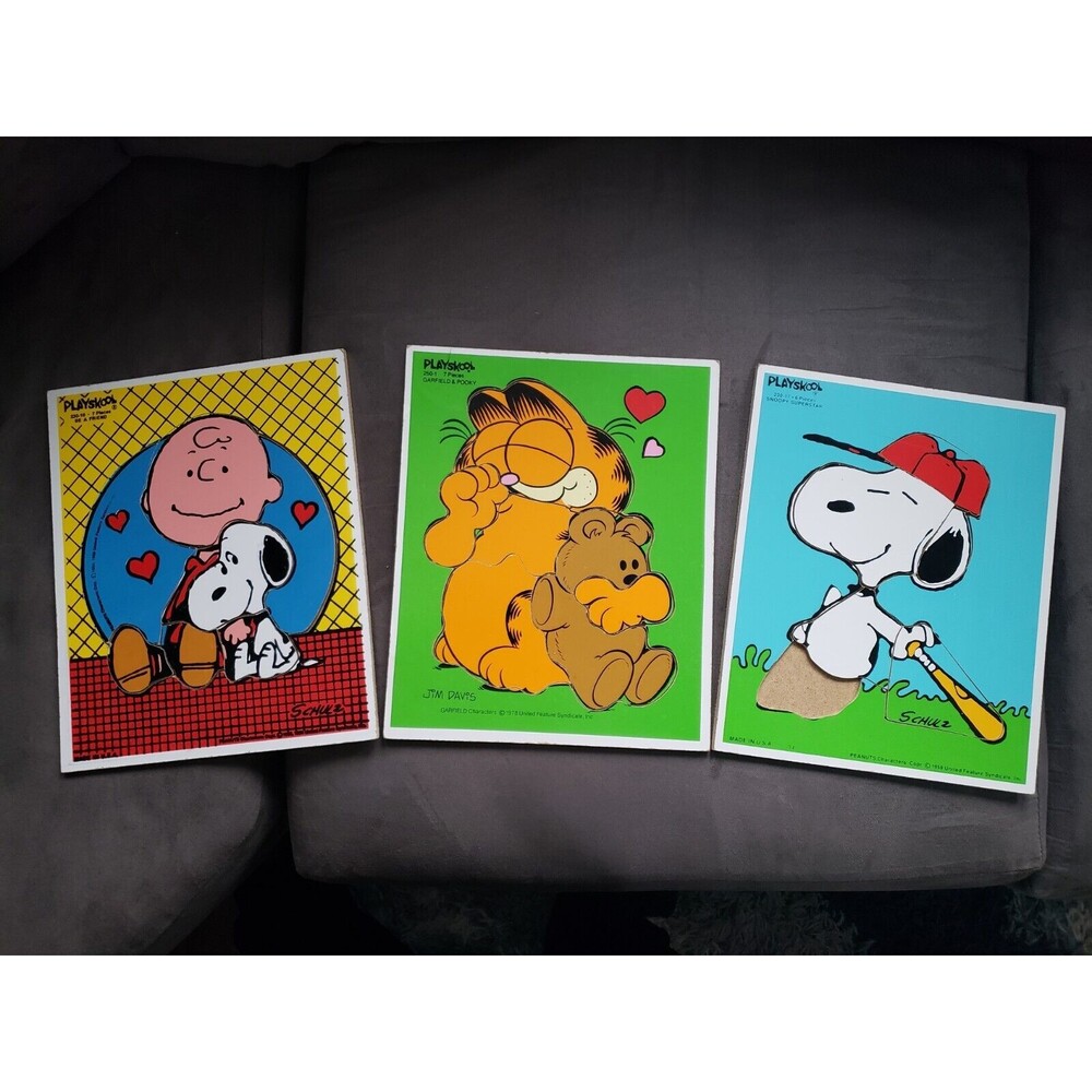 Vintage Playskool Wooden Puzzles -  Charlie Brown, Garfield & Snoopy